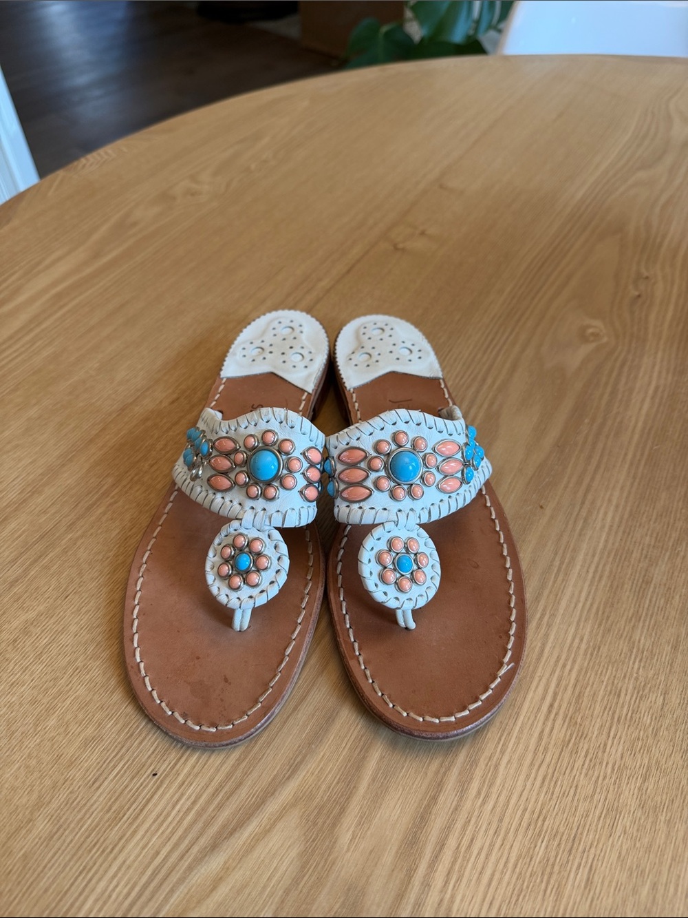 Jack Rogers Navajo White Leather Sandals with Turquoise and Coral Beading SZ 8